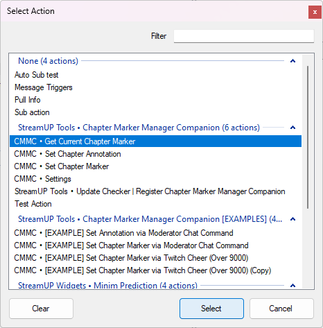 Choosing the Get Current Chapter Marker action