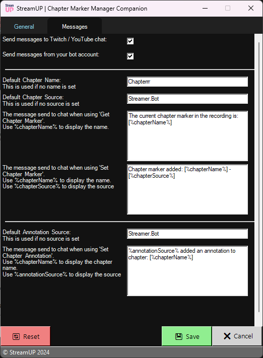 The Messages settings tab