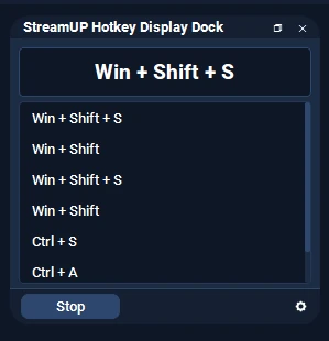 The Hotkey Display dock showing Win + Shift + S