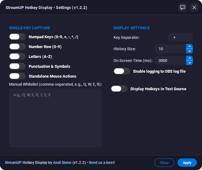 The Hotkey Display settings window