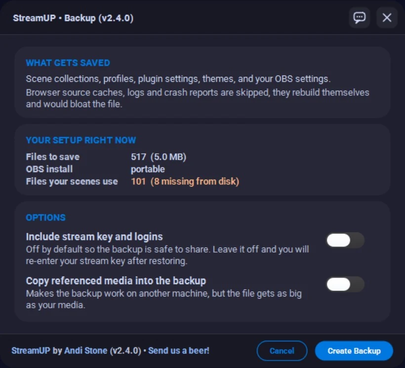 The StreamUP backup dialog