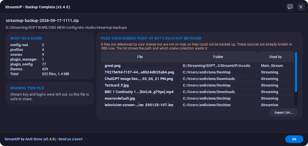 The list of files your scenes point at that are no longer on disk