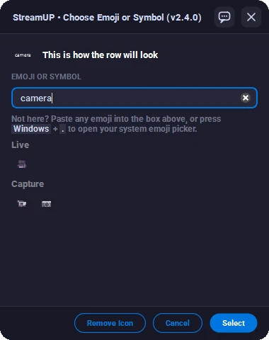 The emoji and symbol picker searching for camera