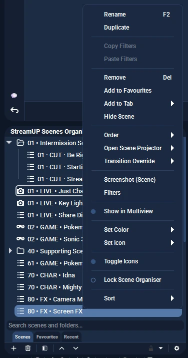 The Scene Organiser right-click menu