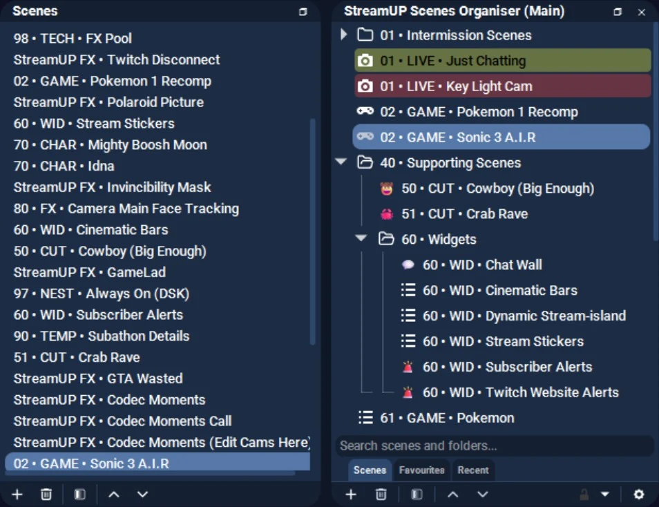The OBS scene list next to the StreamUP Scene Organiser