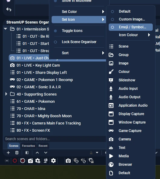 The Set Icon submenu in the Scene Organiser