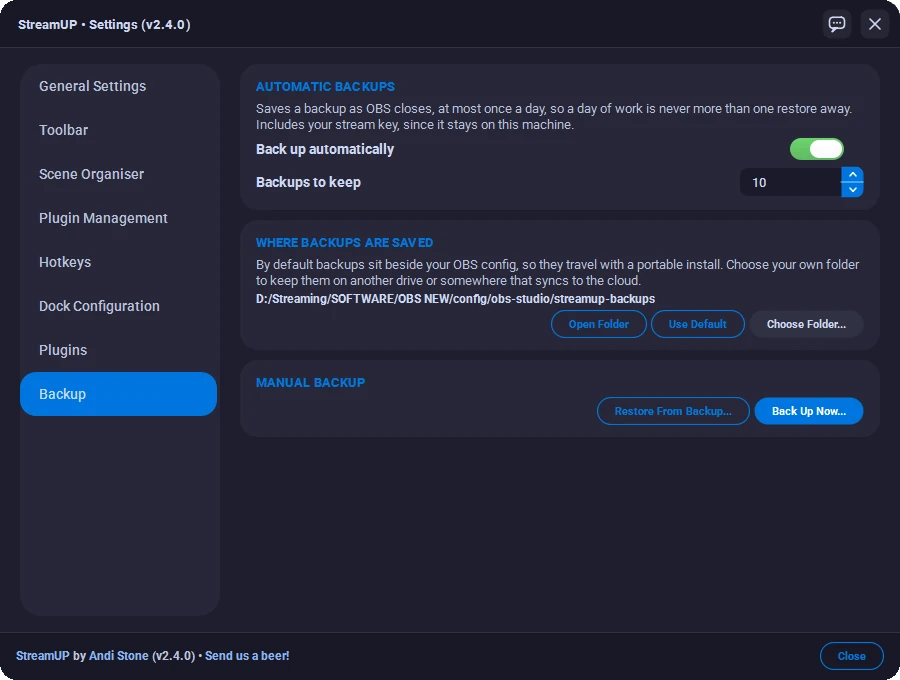 The Backup page in StreamUP Settings