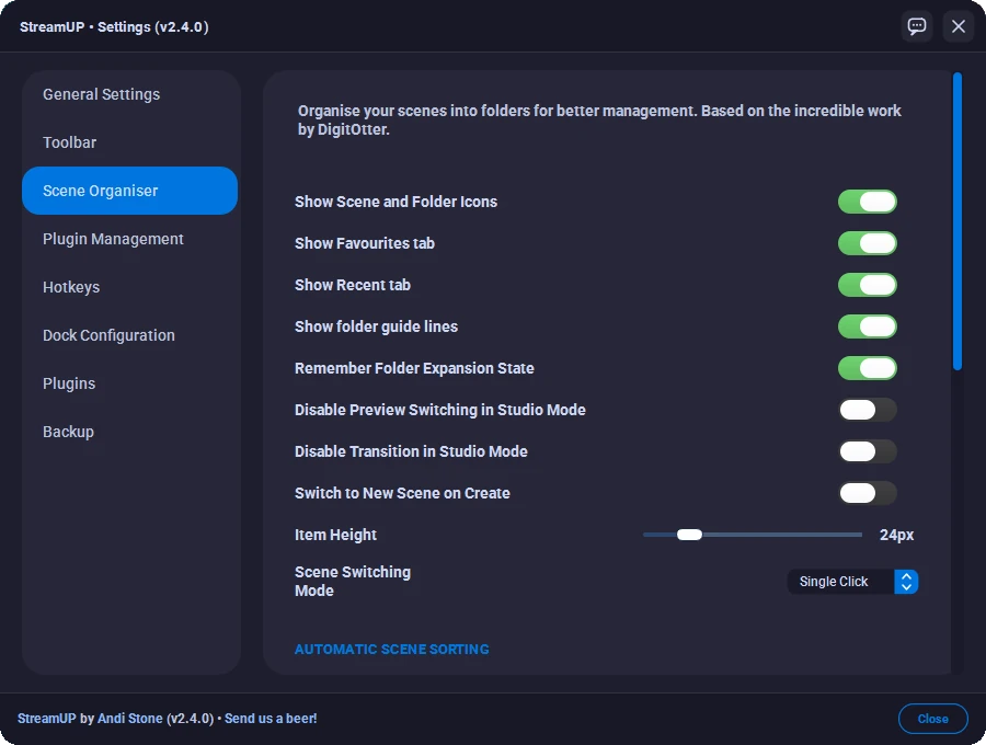 The Scene Organiser page in StreamUP Settings
