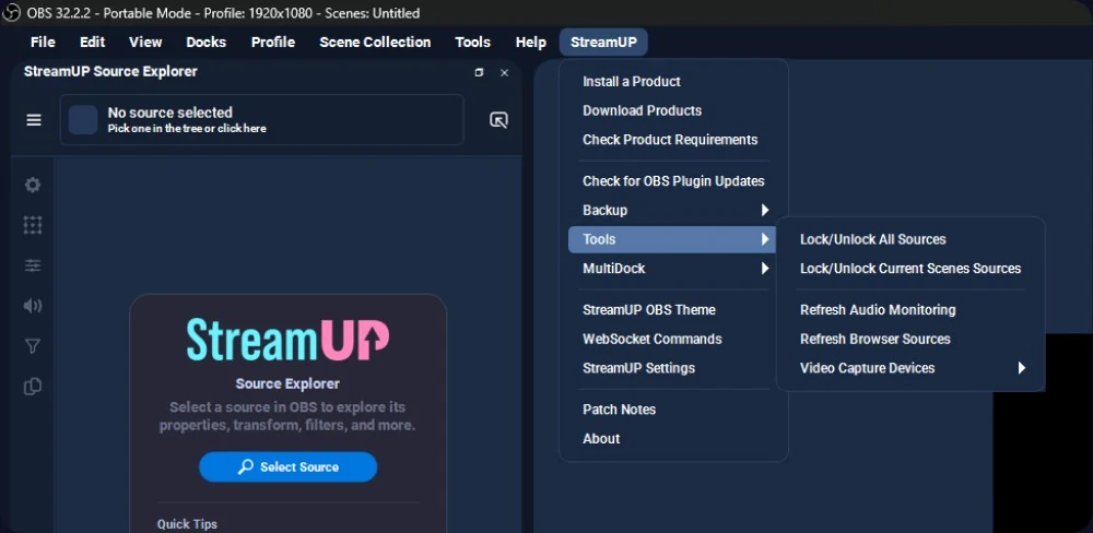 The StreamUP menu in OBS