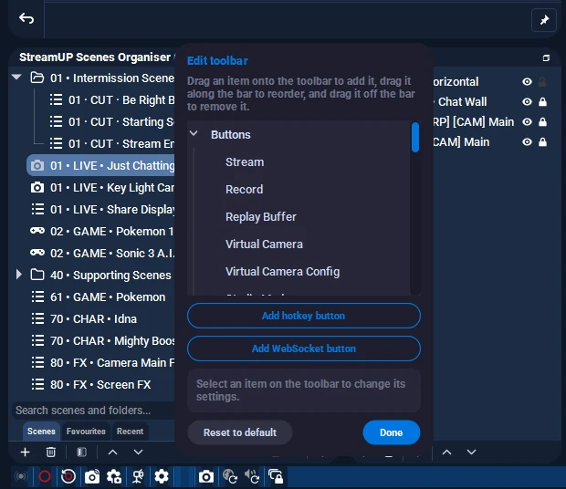 The Edit toolbar panel open above the StreamUP toolbar