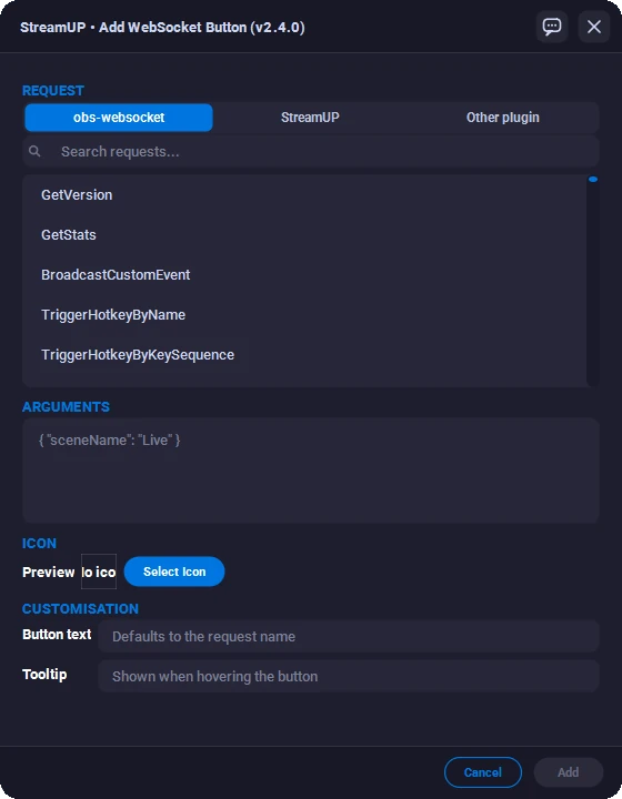 The Add WebSocket Button window