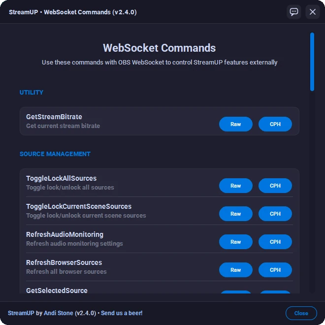 The WebSocket Commands window