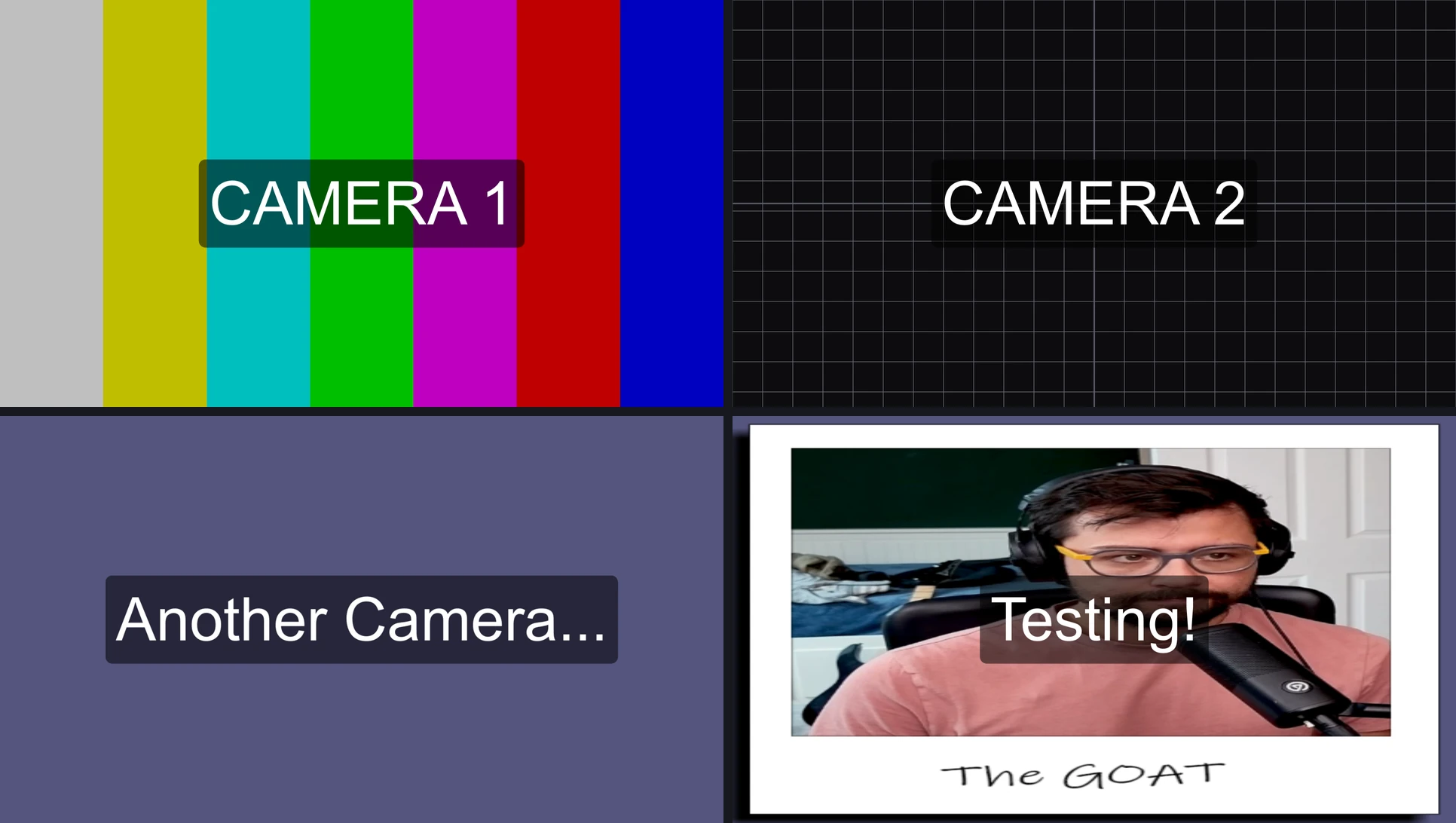 The 4 Test Card backgrounds: colour bars, grid, solid colour and image